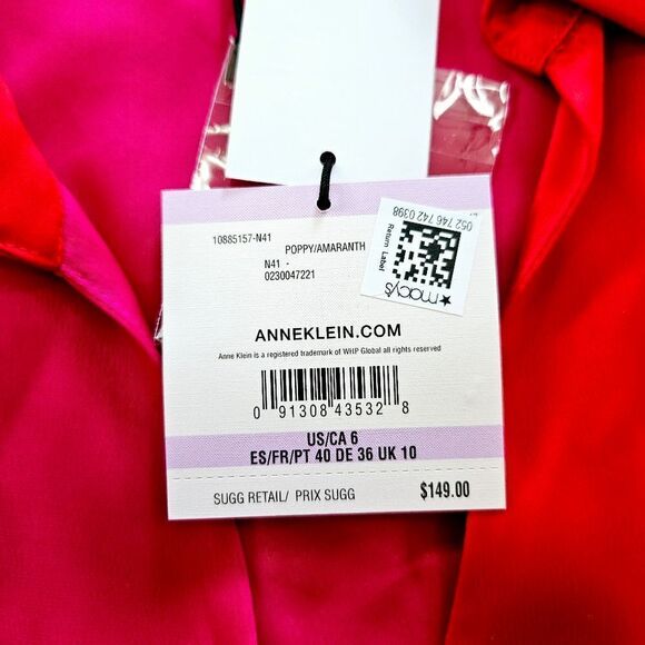 NWT Anne Klein Long-Sleeve Collared Color-Block Satin Faux-Wrap Midi Dress 6 - Picture 8 of 10